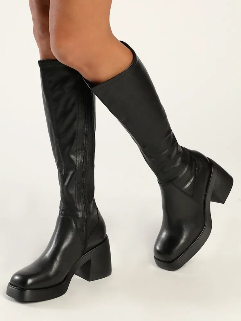 Vagabond Brooke Black Leather Platform Square-Toe Knee-High Boots Size 38